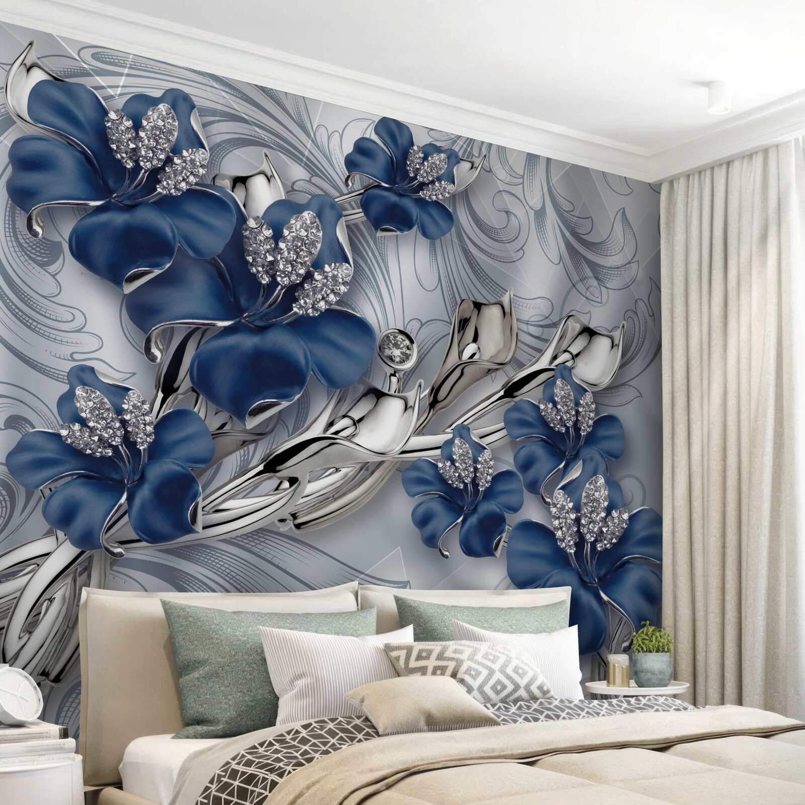 Fototapeten Blaue Blumen mit goldenen Zweigen und Steinelementen