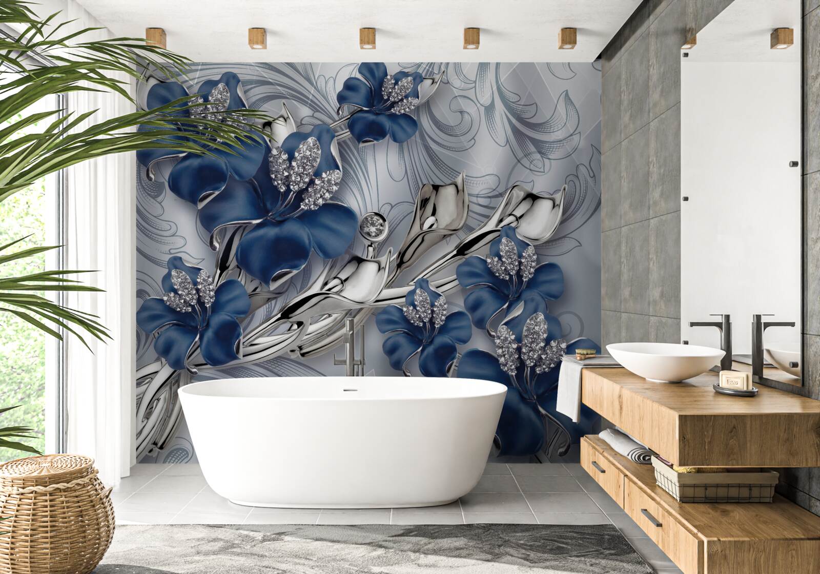 Fototapeten Blaue Blumen mit goldenen Zweigen und Steinelementen