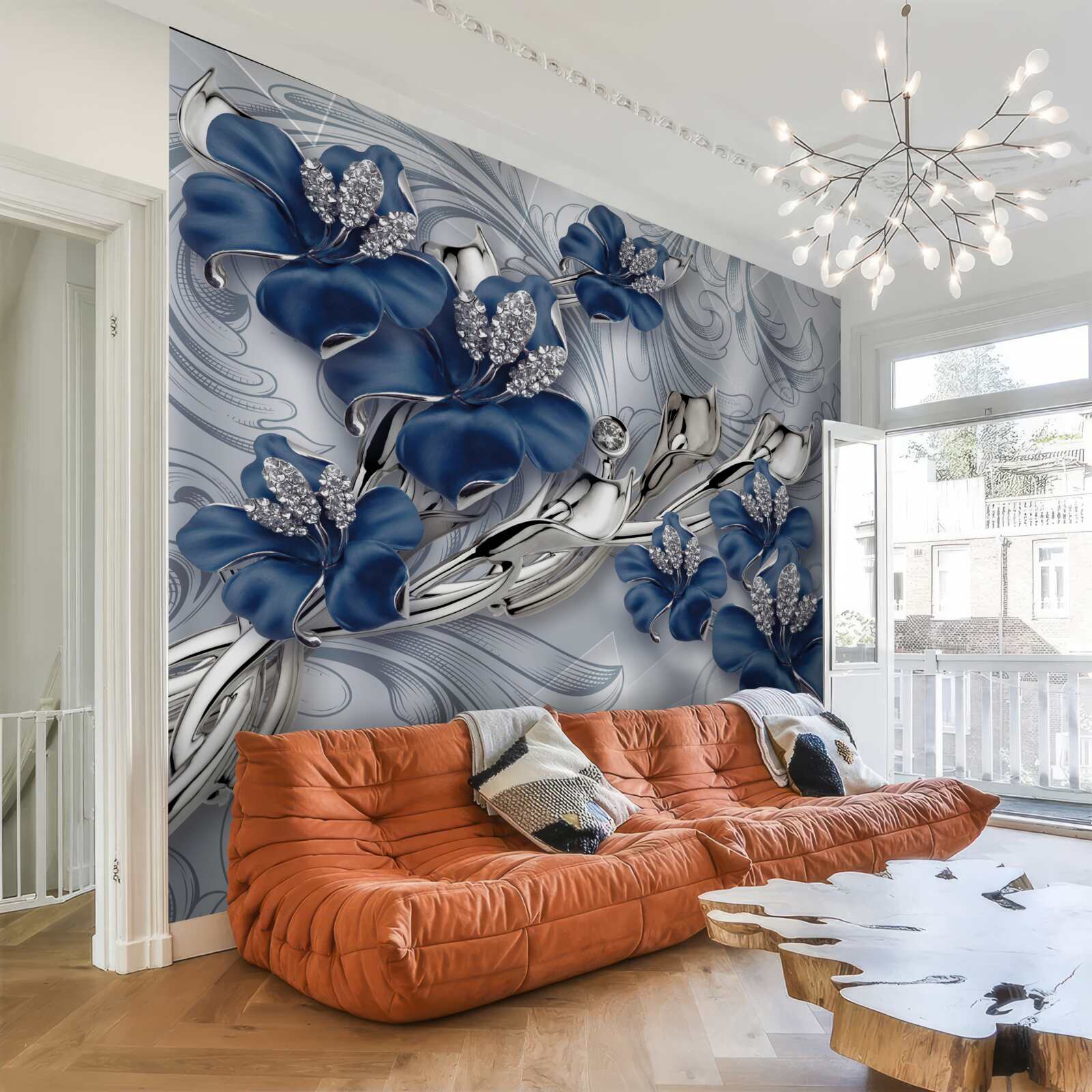 Fototapeten Blaue Blumen mit goldenen Zweigen und Steinelementen