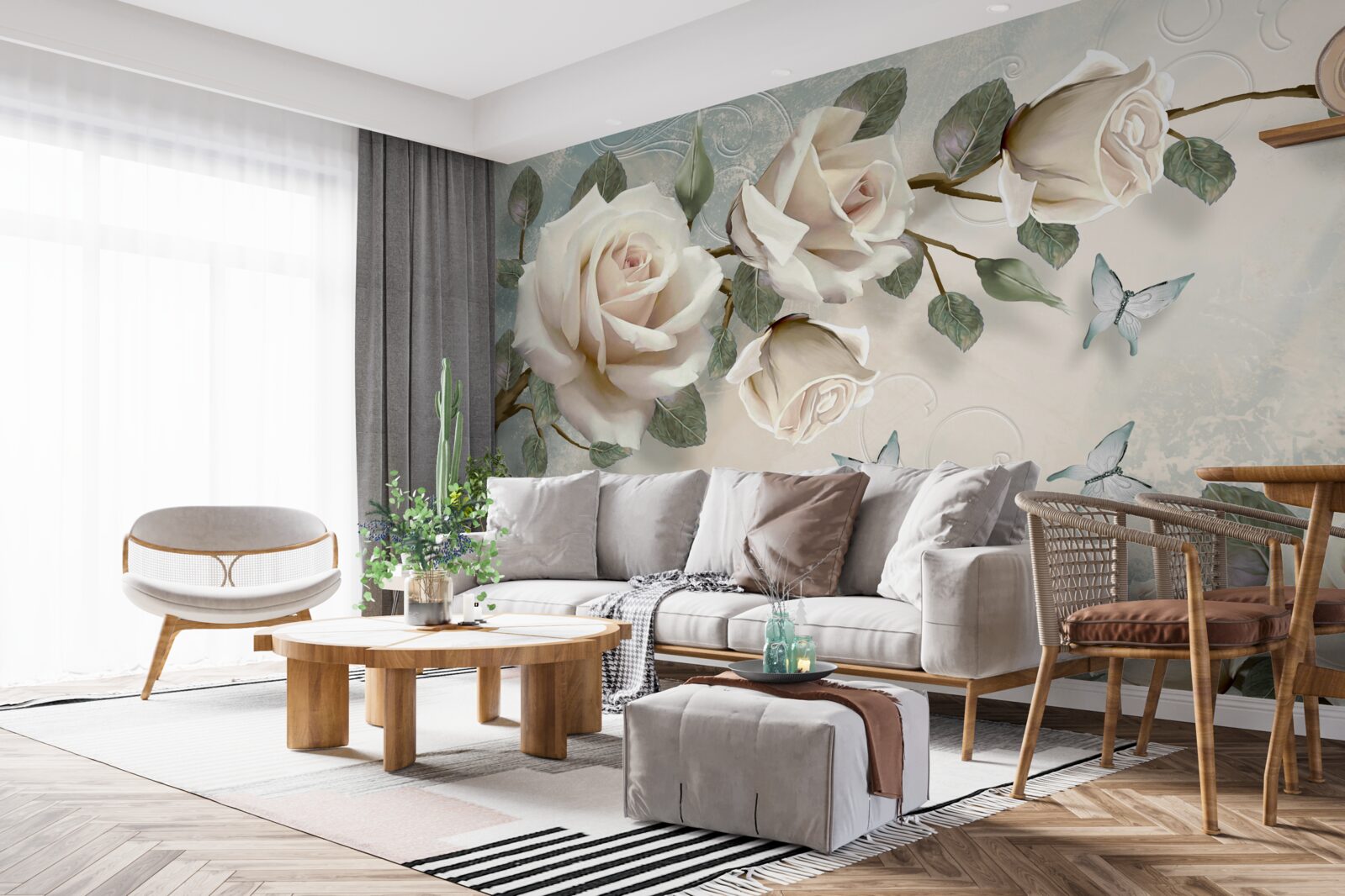 Fototapeten Cremige Rosen blühen unter den Gleitschmetterlingen