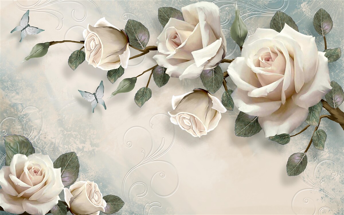 Fototapeten Schmetterlinge und Rosen füllen Knospen frei