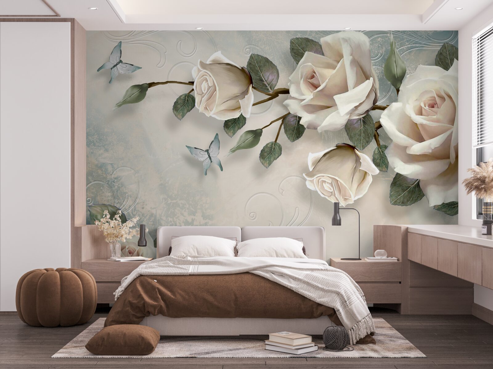 Fototapeten Schmetterlinge und Rosen füllen Knospen frei