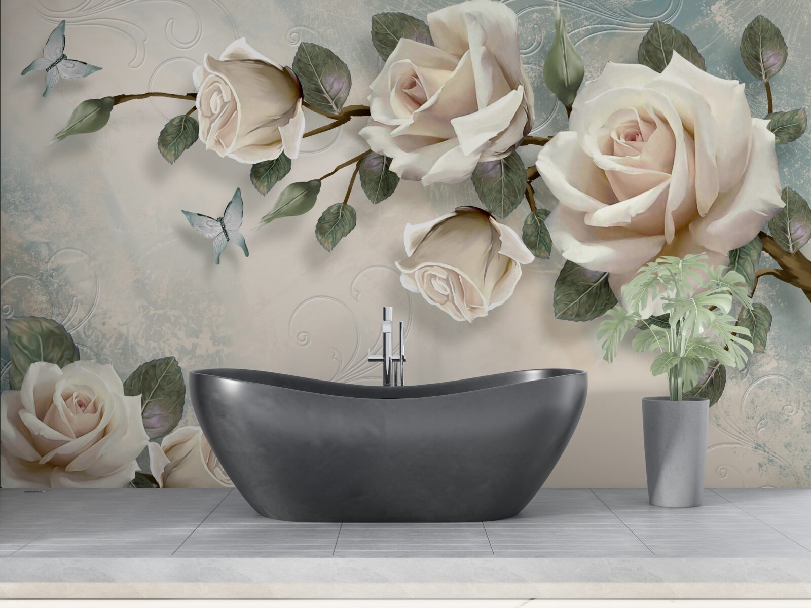 Fototapeten Schmetterlinge und Rosen füllen Knospen frei