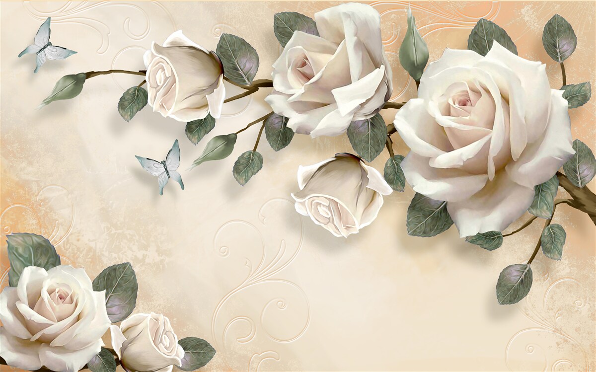 Fototapeten Schmetterlinge und ein Zweig weißer Rose aus dem Busch