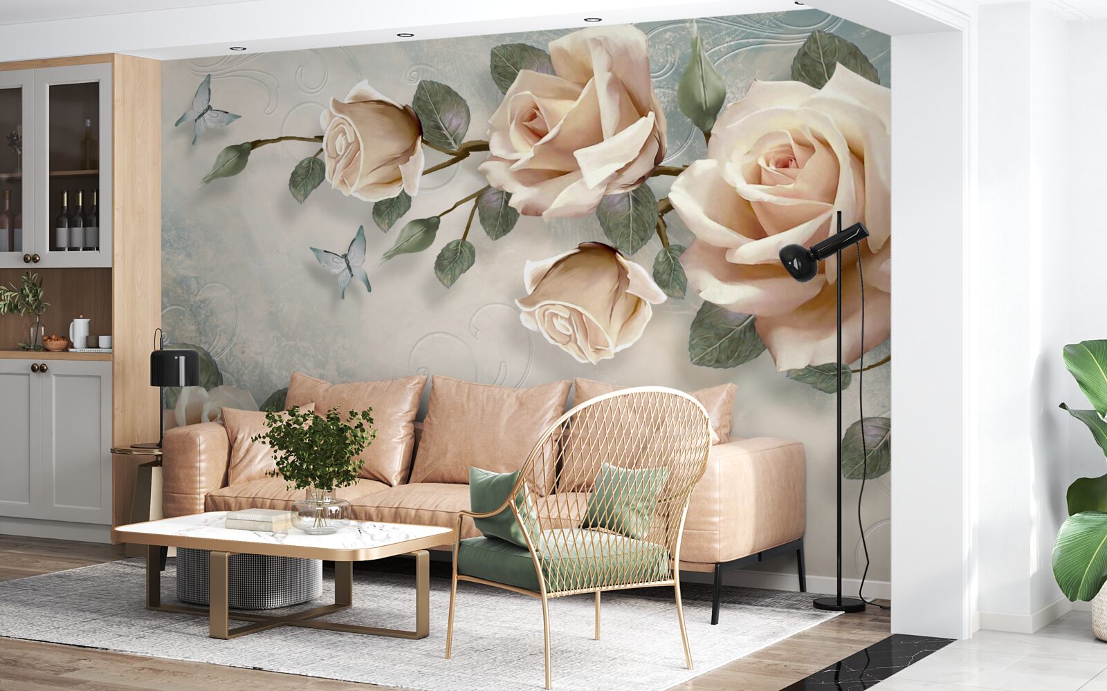 Fototapeten Die Pfirsichrose und weiße Schmetterlinge fliegen