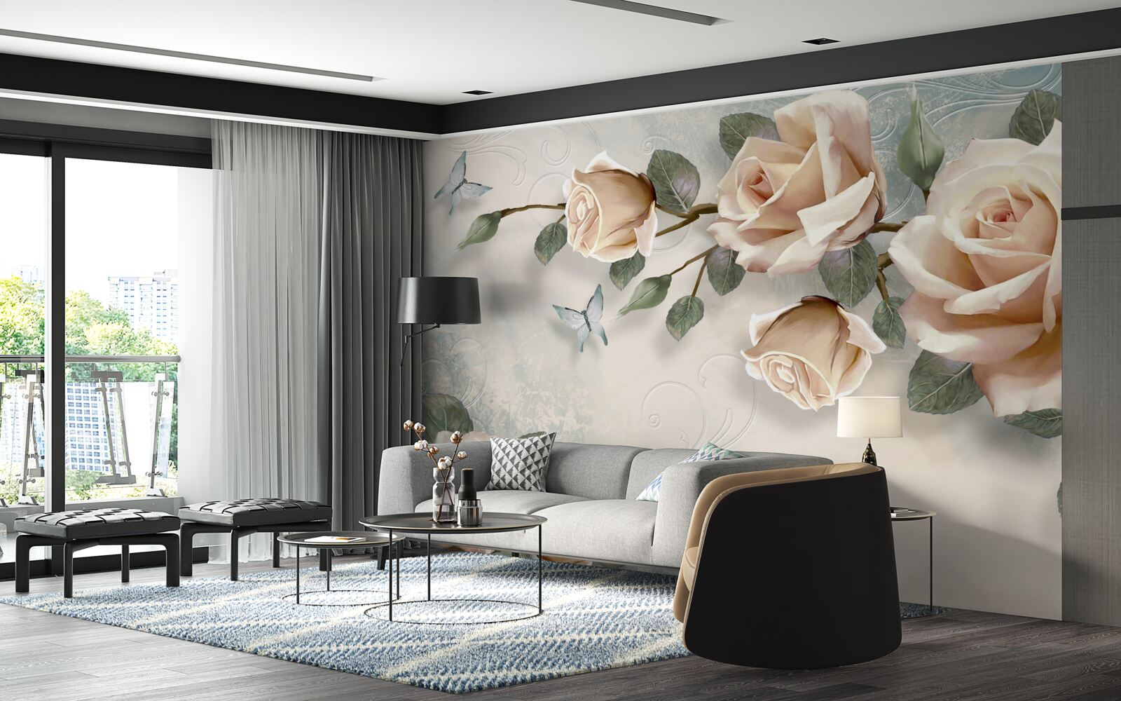 Fototapeten Die Pfirsichrose und weiße Schmetterlinge fliegen