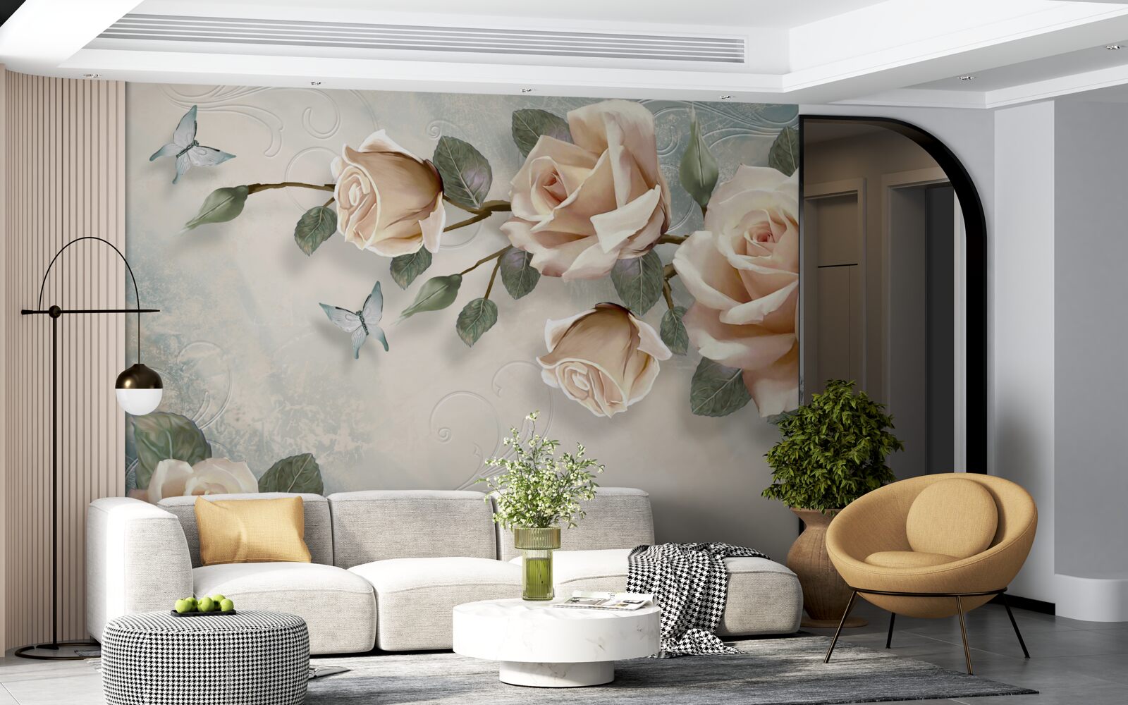 Fototapeten Die Pfirsichrose und weiße Schmetterlinge fliegen