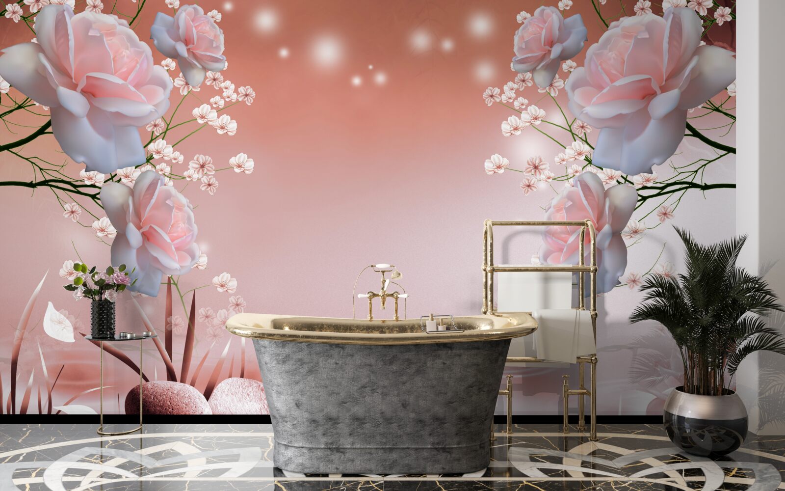 Fototapeten Weiße und rosa Rosen schweben sanft über dem Wasser