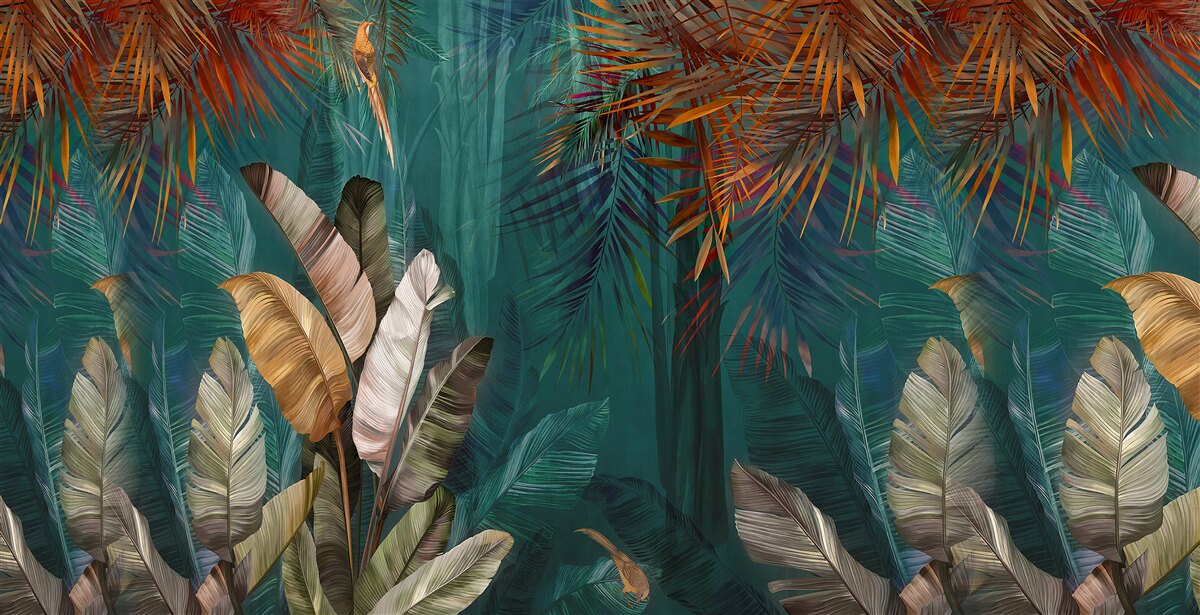 Fototapeten Der grüne Dschungel ist in Herbsttönen gemalt