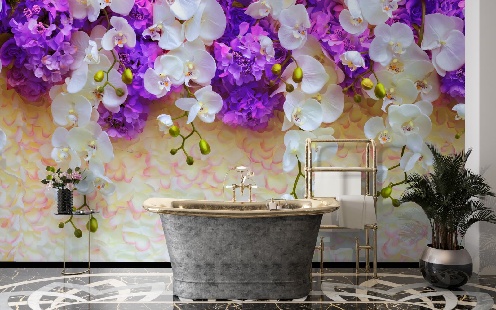 Fototapeten Schnee -White -Orchideen und lila Blüten