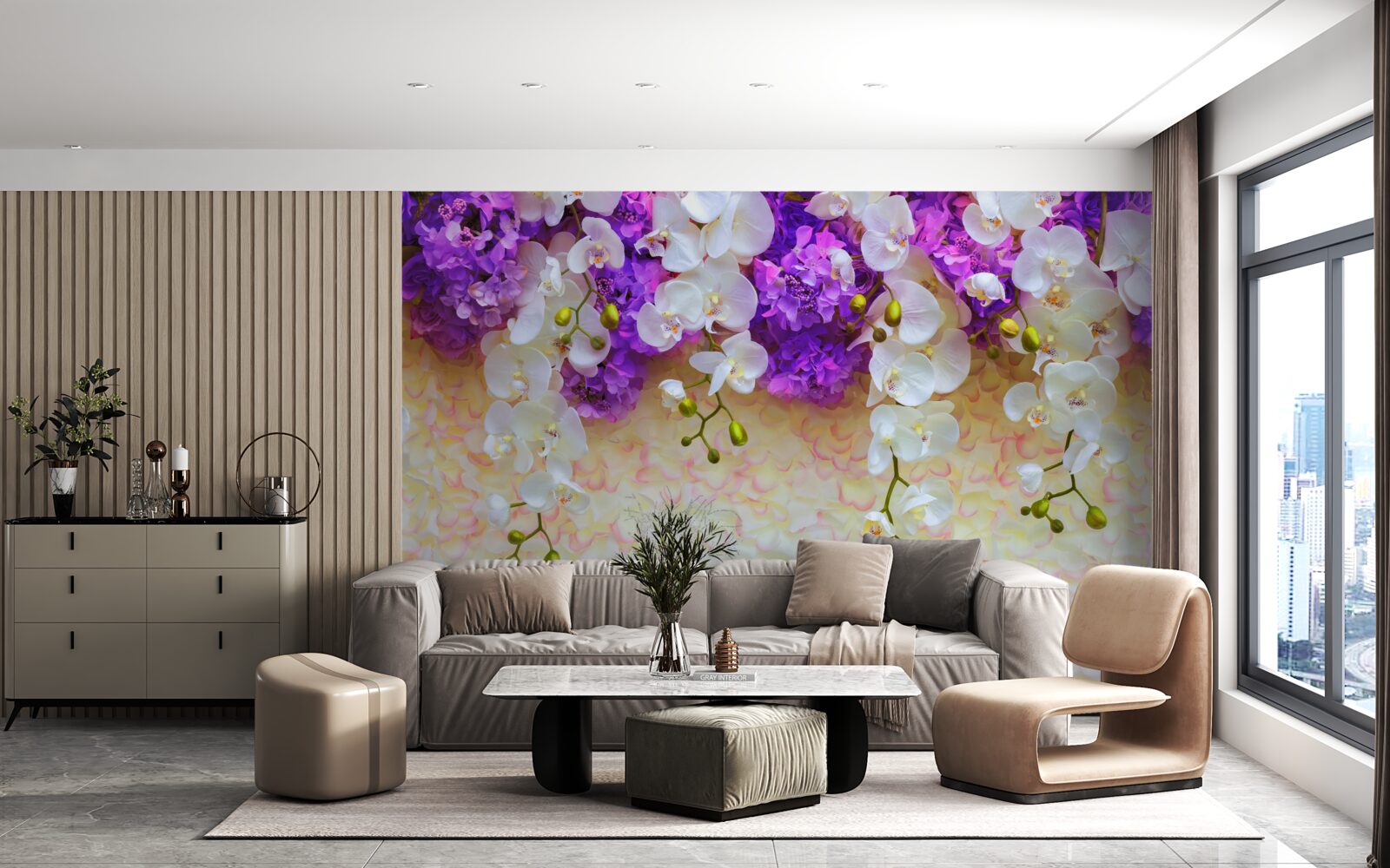 Fototapeten Schnee -White -Orchideen und lila Blüten