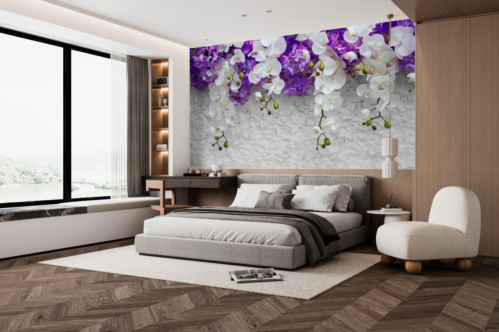 Fototapeten Barriere von lila Pflanzen und weißen Orchideen