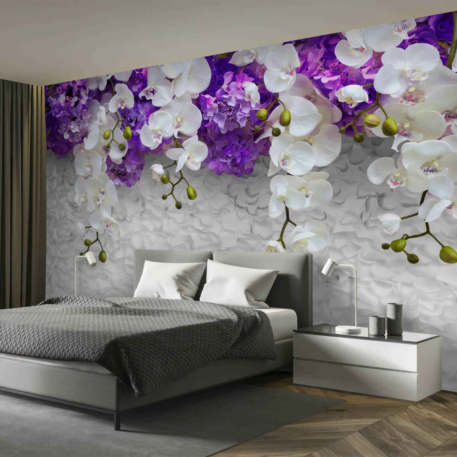 Fototapeten Barriere von lila Pflanzen und weißen Orchideen