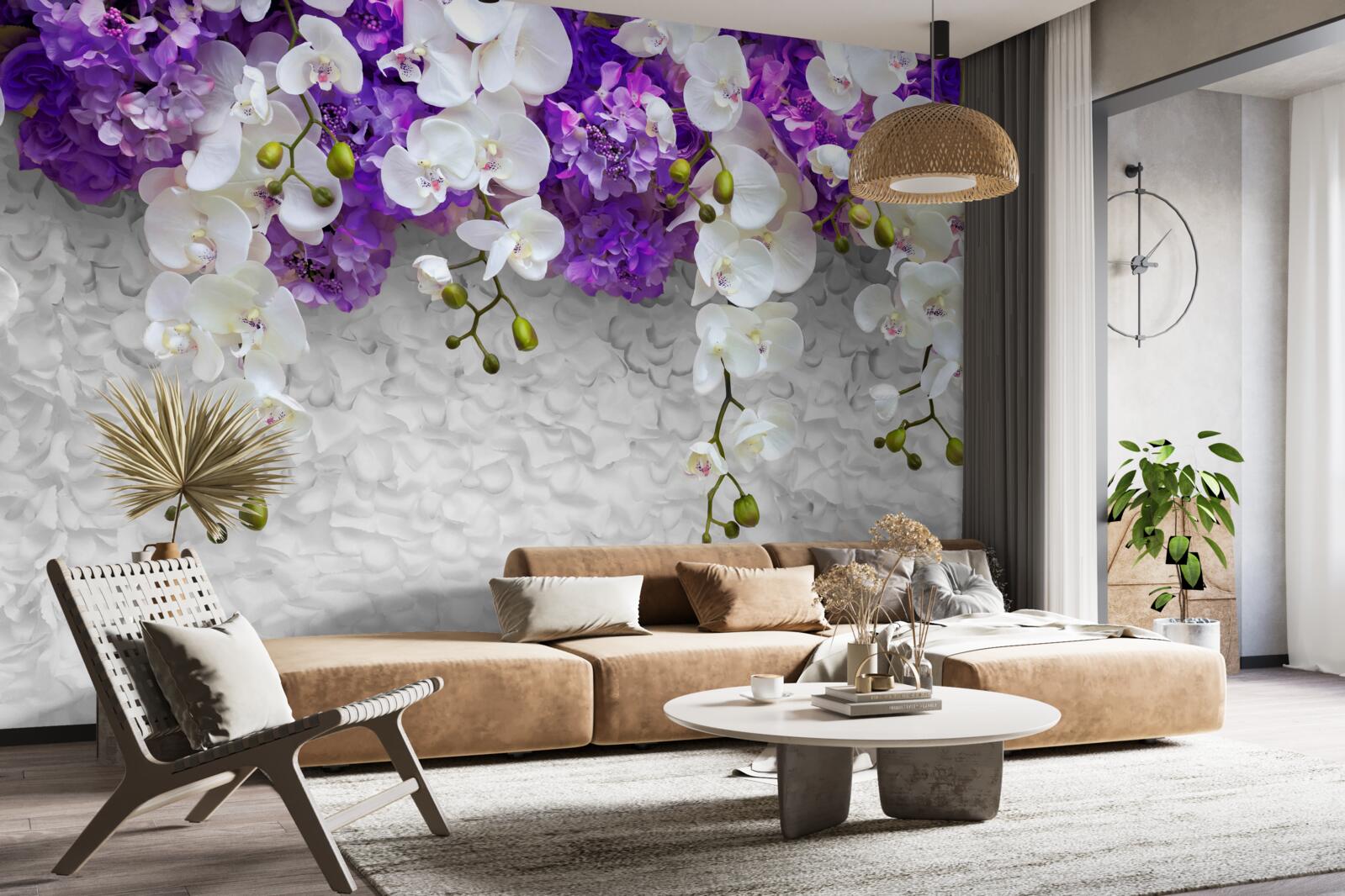 Fototapeten Barriere von lila Pflanzen und weißen Orchideen