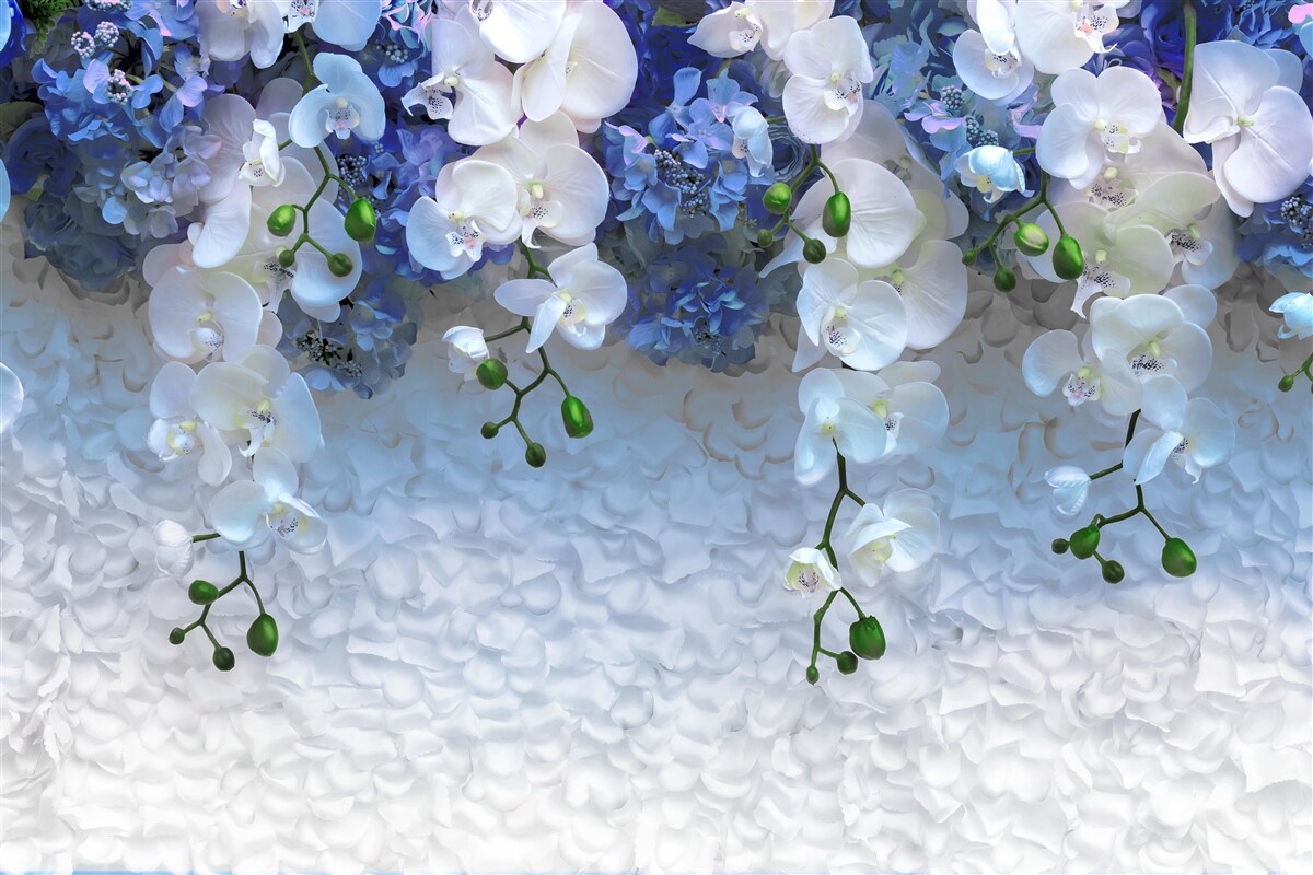 Fototapeten Fallende blaue und weiße Blumen