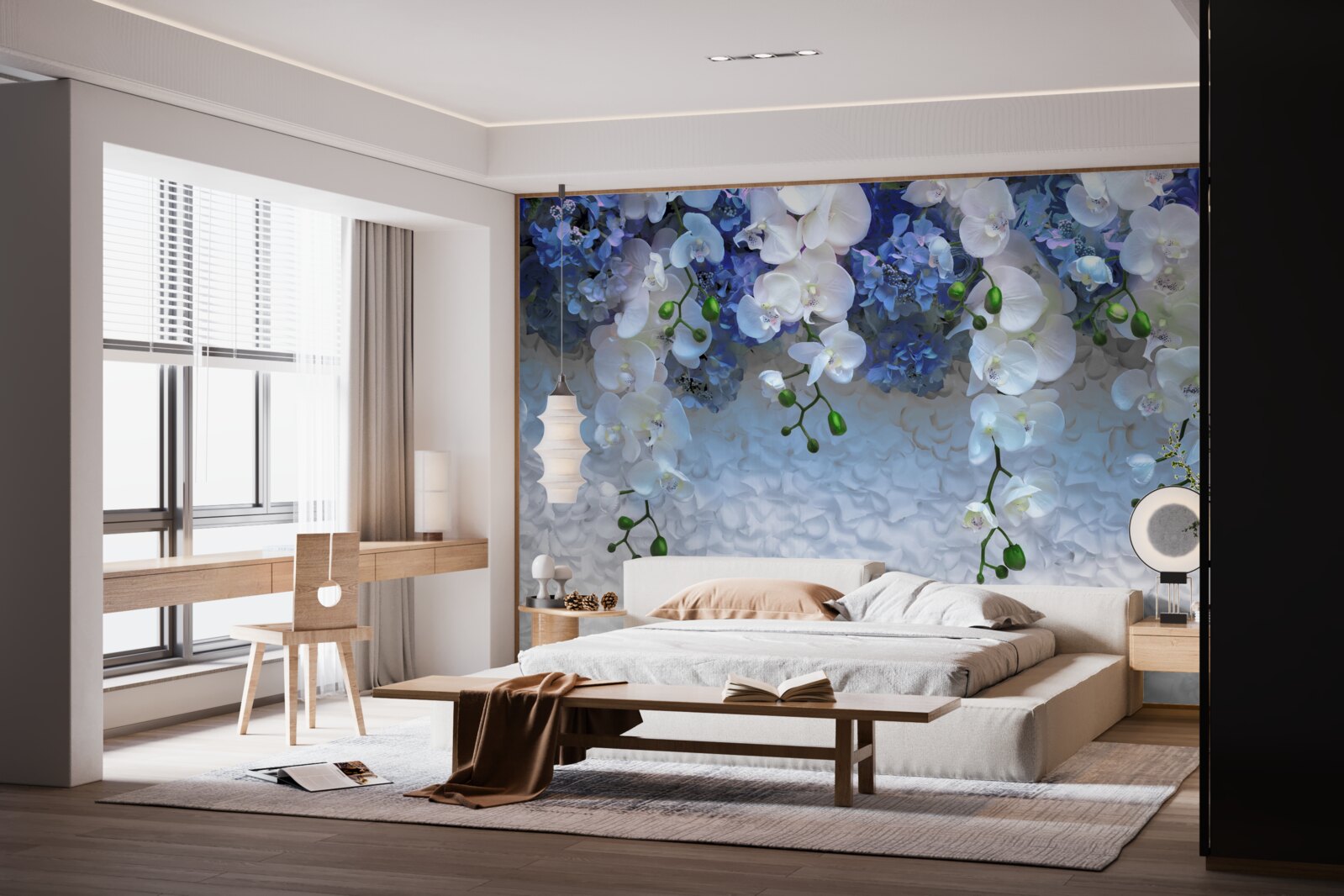 Fototapeten Fallende blaue und weiße Blumen