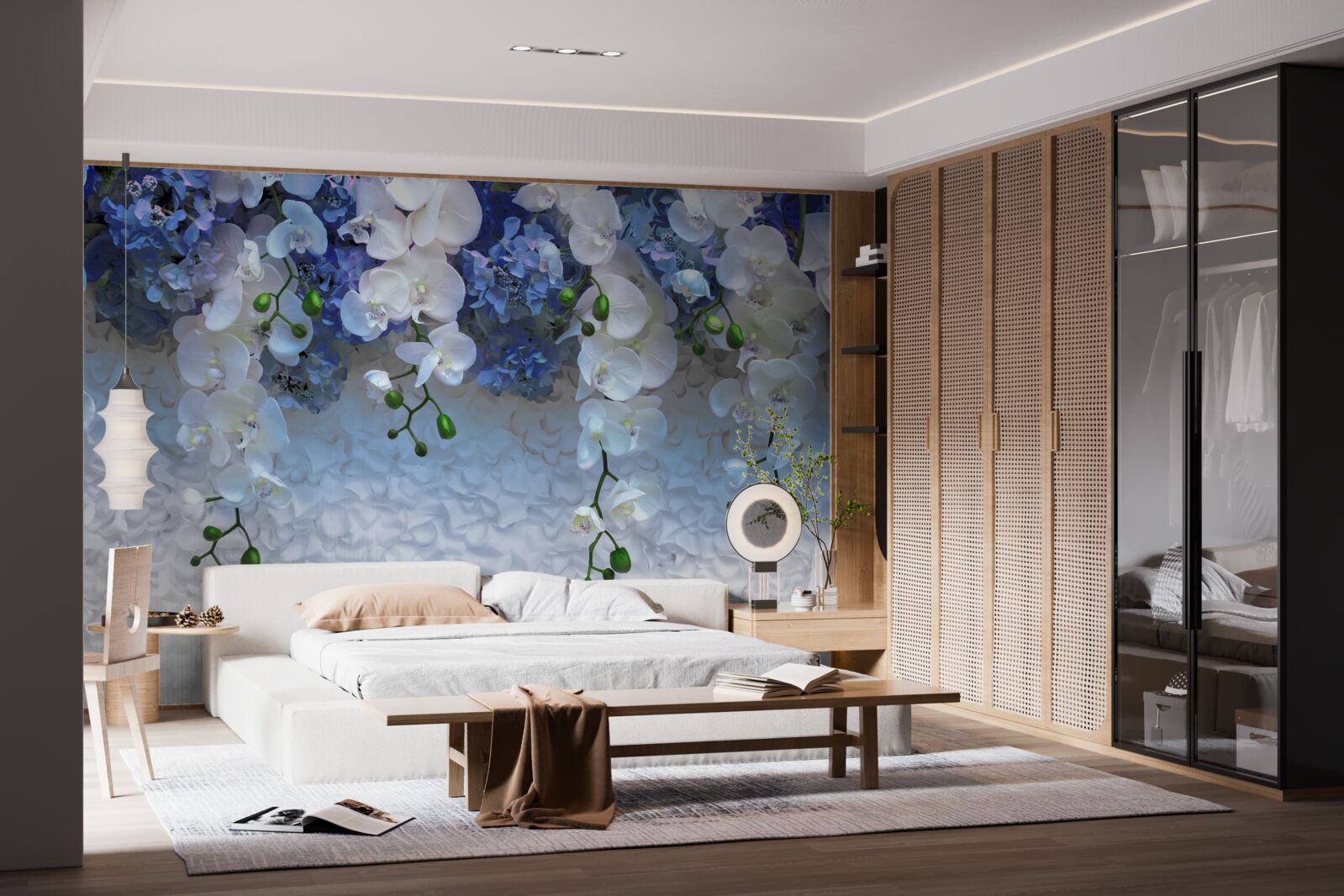 Fototapeten Fallende blaue und weiße Blumen