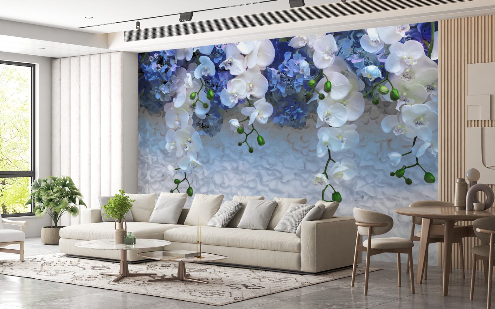 Fototapeten Fallende blaue und weiße Blumen