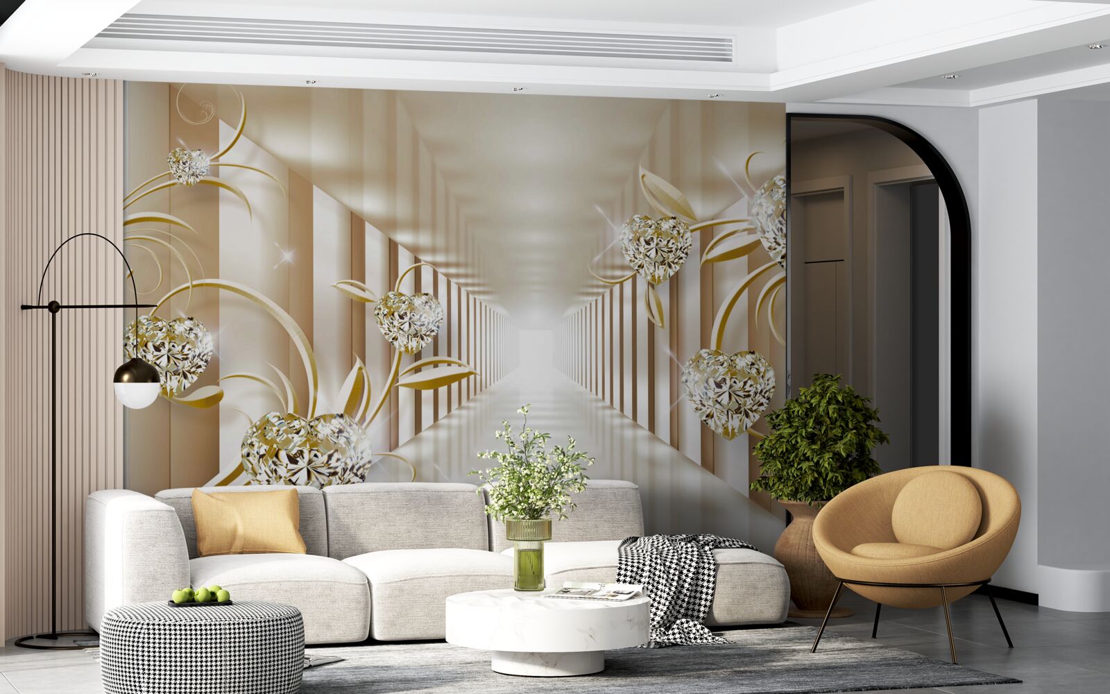 Fototapeten Korridor mit goldenen Dekorationen und abstrakten Säulen