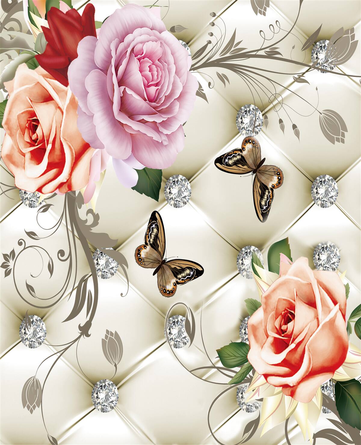 Fototapeten Ein abstrakter Hintergrund, der mit Perlen, Blumen und Rosen verziert ist