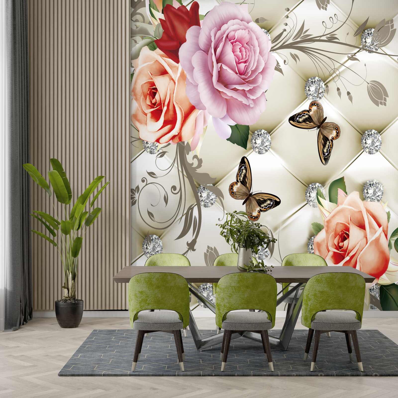 Fototapeten Ein abstrakter Hintergrund, der mit Perlen, Blumen und Rosen verziert ist