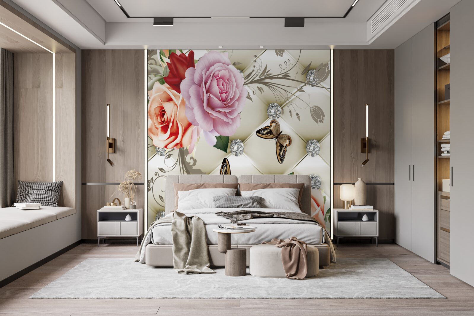 Fototapeten Ein abstrakter Hintergrund, der mit Perlen, Blumen und Rosen verziert ist