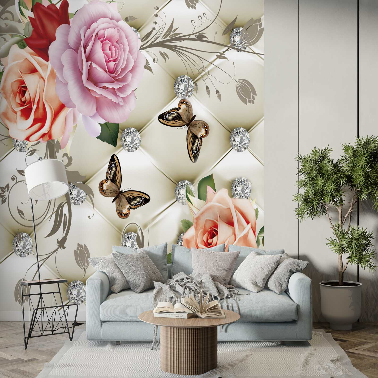 Fototapeten Ein abstrakter Hintergrund, der mit Perlen, Blumen und Rosen verziert ist