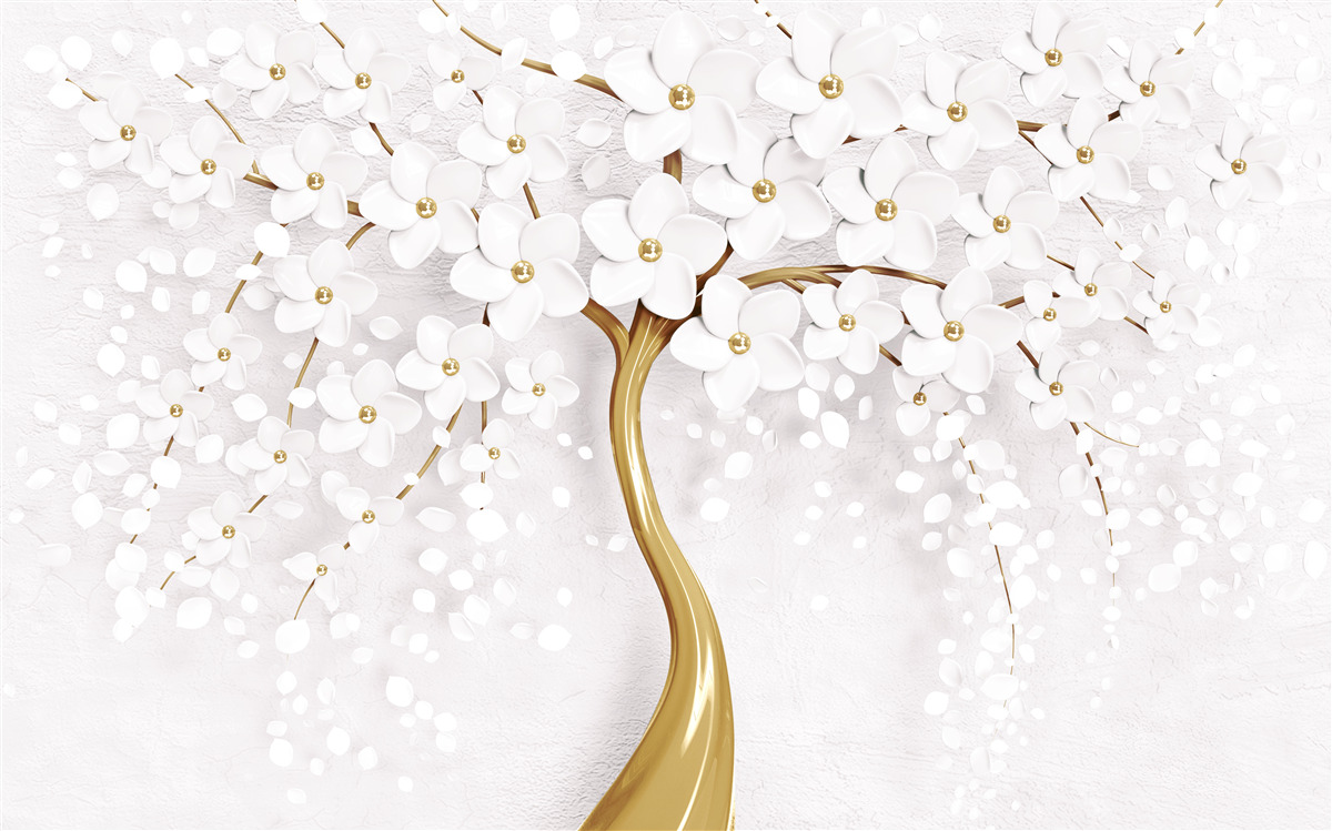 Fototapeten Schnee -White Sakura Blumen auf einem eleganten Baum