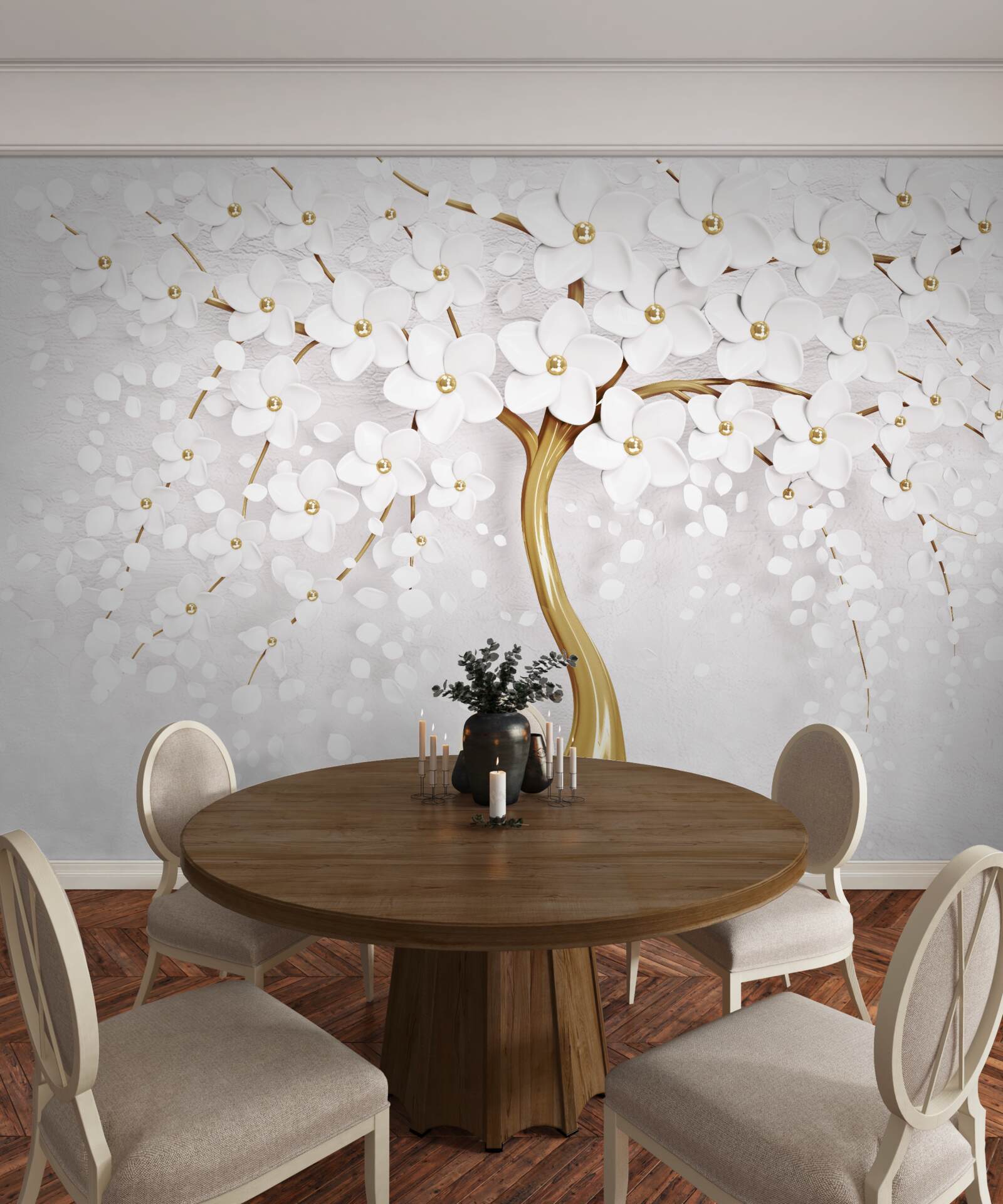 Fototapeten Schnee -White Sakura Blumen auf einem eleganten Baum