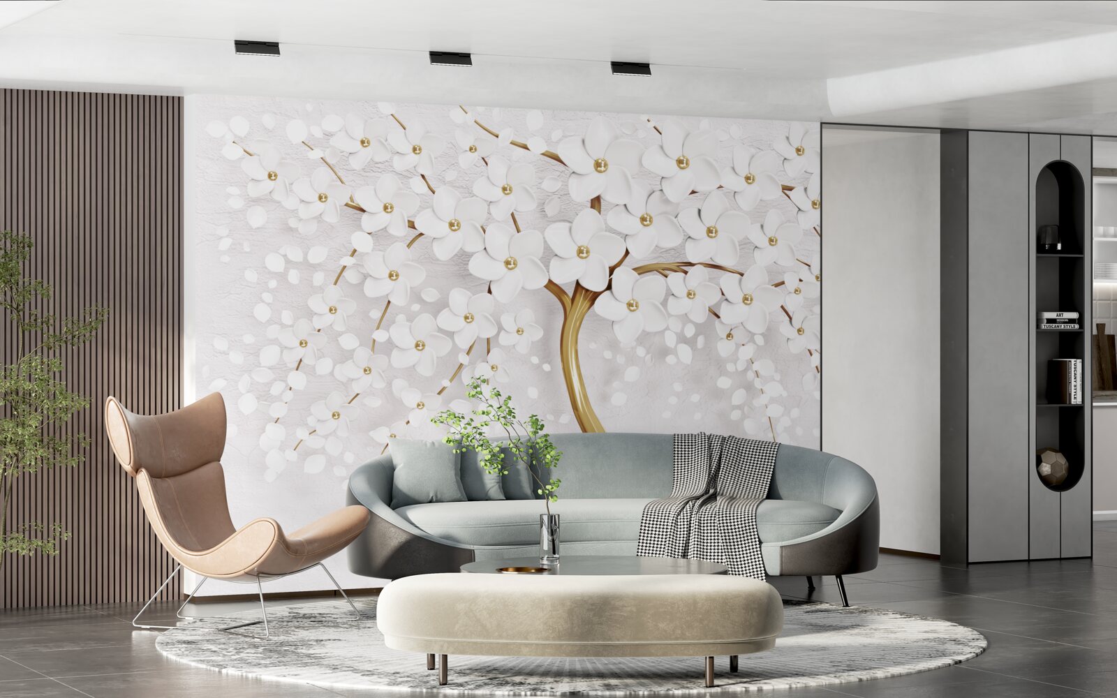 Fototapeten Schnee -White Sakura Blumen auf einem eleganten Baum