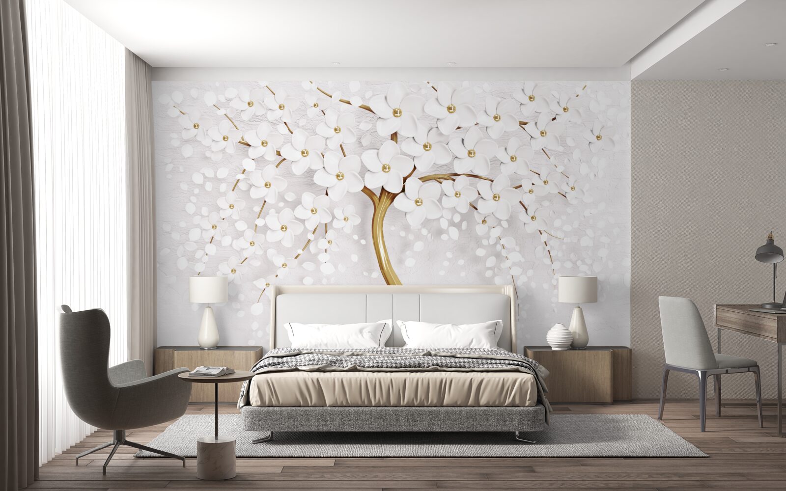 Fototapeten Schnee -White Sakura Blumen auf einem eleganten Baum