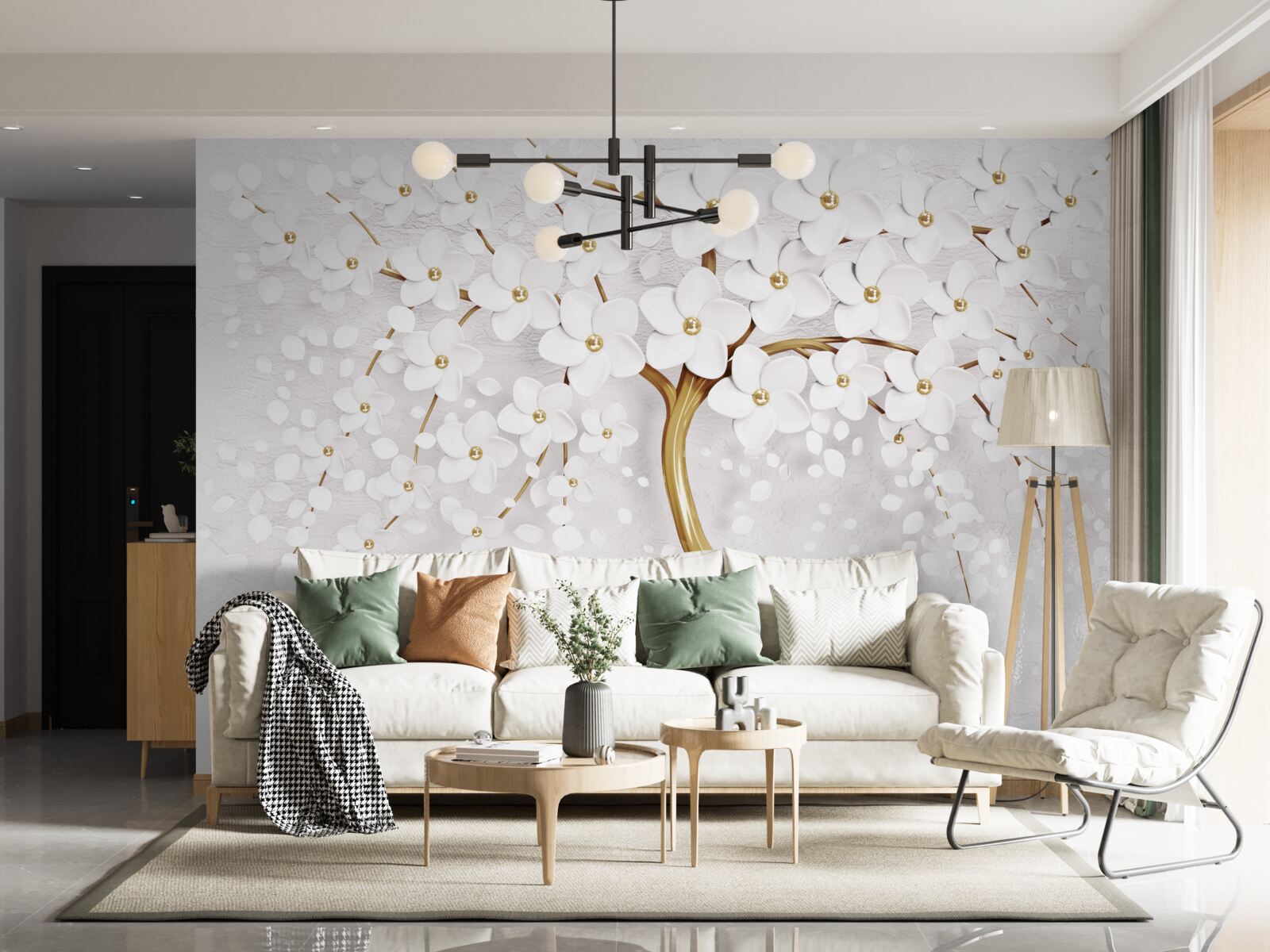 Fototapeten Schnee -White Sakura Blumen auf einem eleganten Baum
