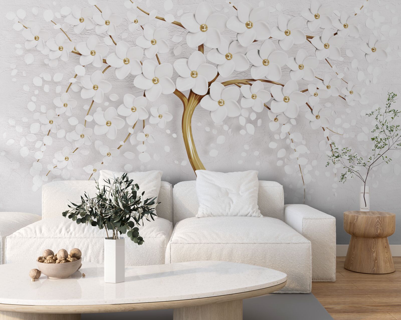 Fototapeten Schnee -White Sakura Blumen auf einem eleganten Baum
