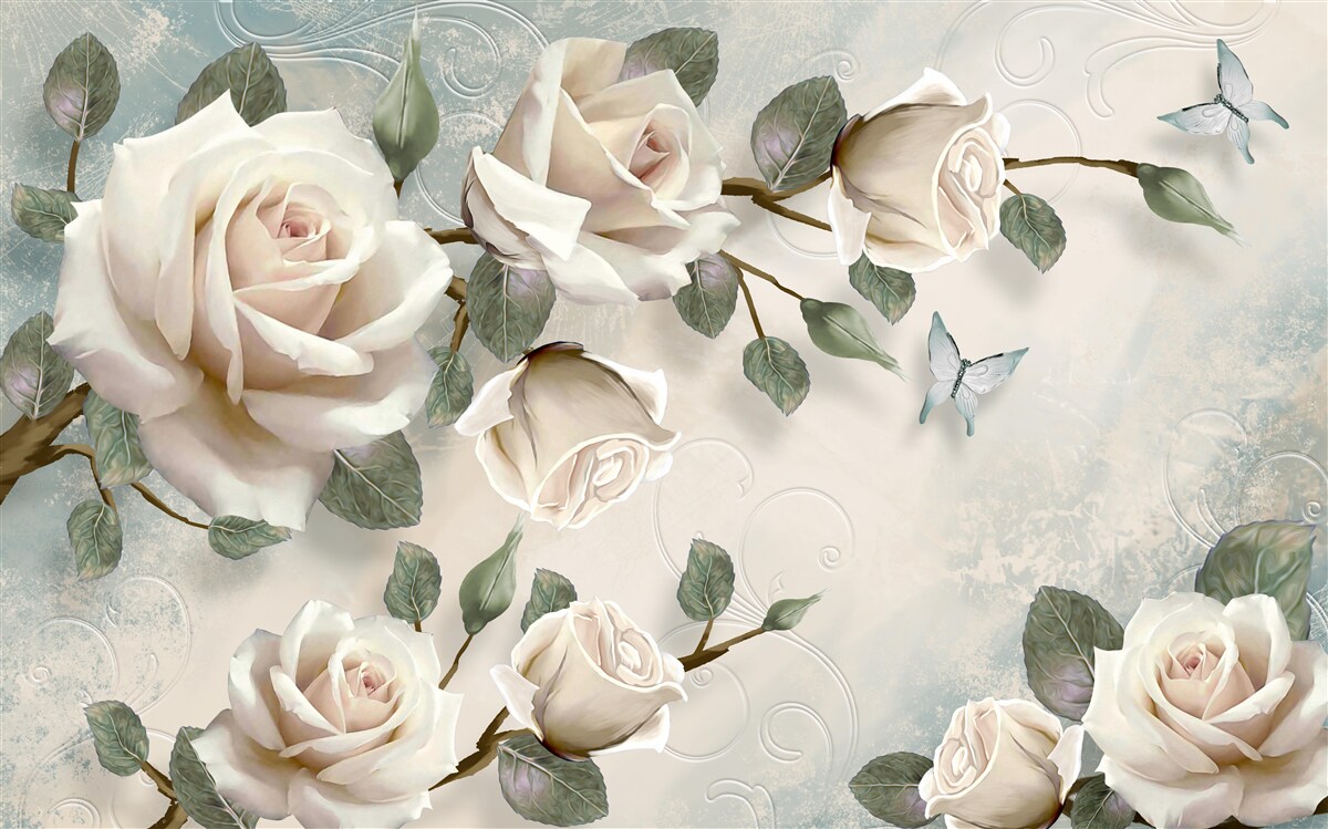 Fototapeten Schmetterlinge an den Zweigen der schönen weißen Rose