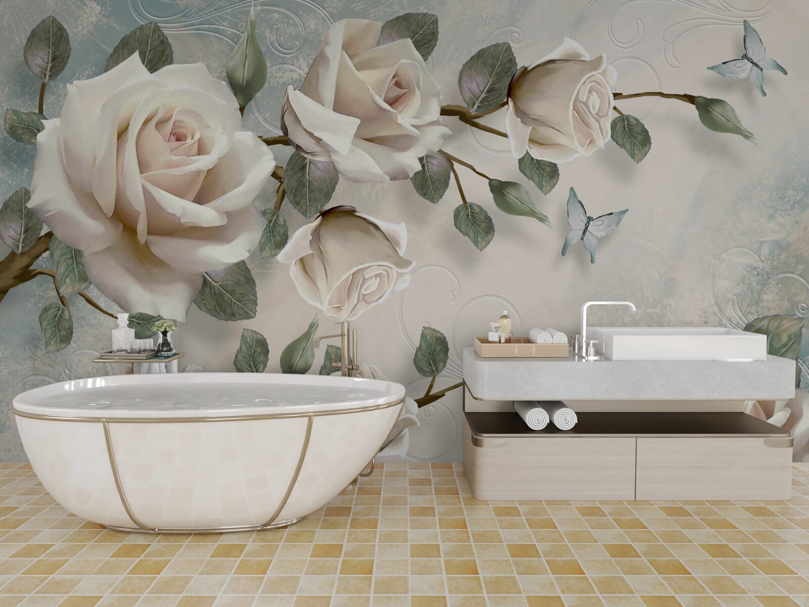 Fototapeten Schmetterlinge an den Zweigen der schönen weißen Rose