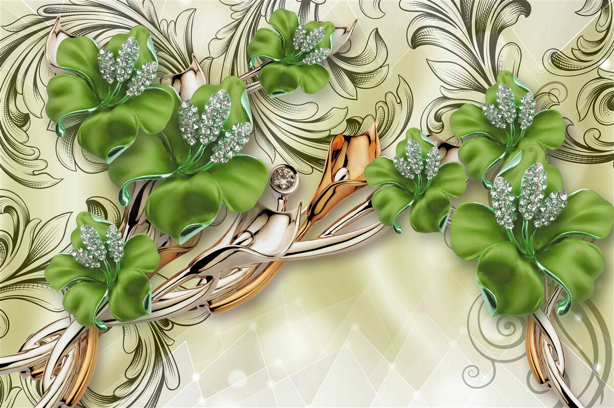 Fototapeten Die Blumen sind grün, mit Perlen und Gold dekoriert