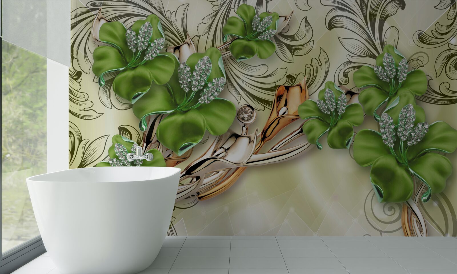 Fototapeten Die Blumen sind grün, mit Perlen und Gold dekoriert