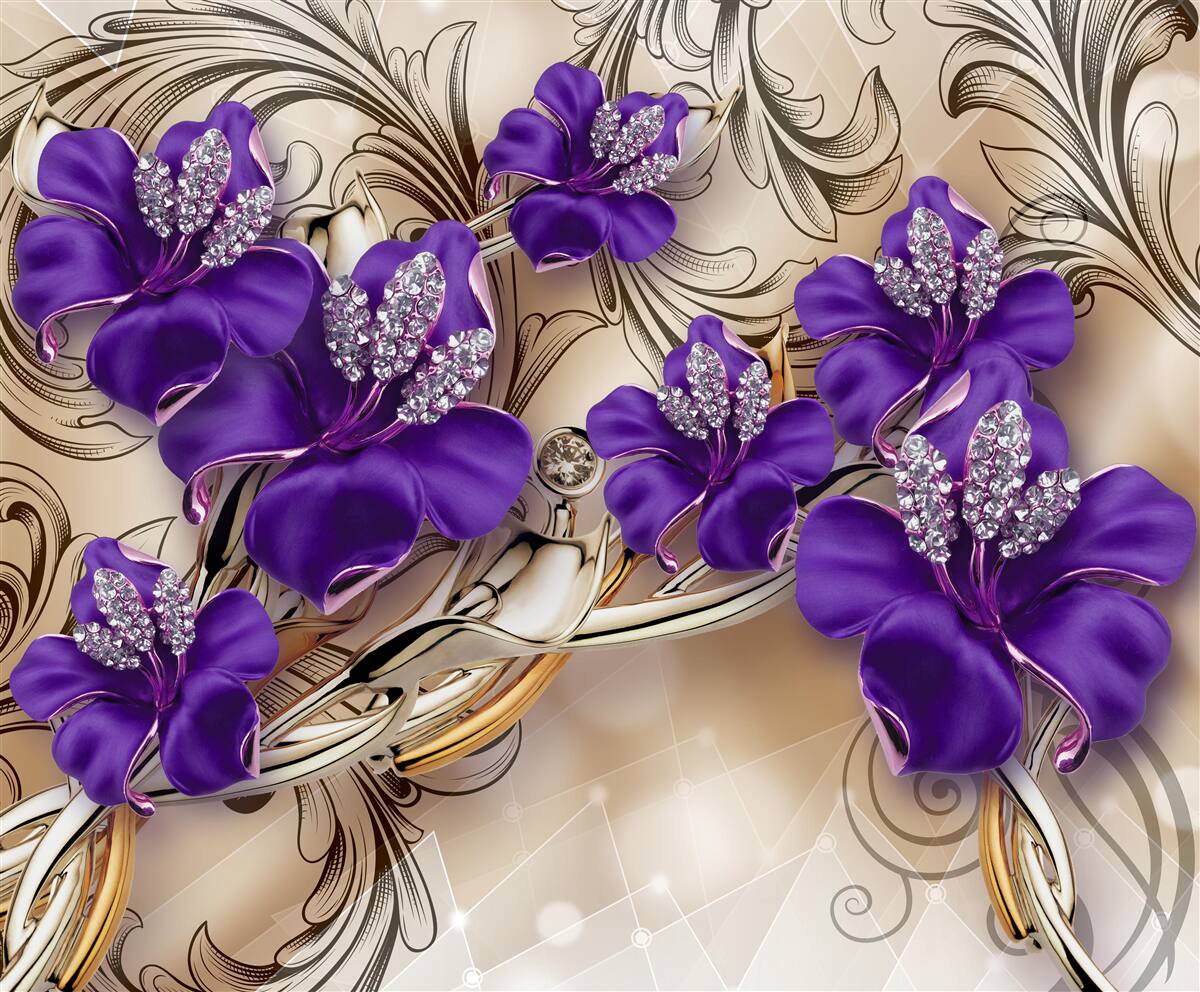 Fototapeten Edelsteine ​​und Metalle, die mit lila Blumen verziert sind