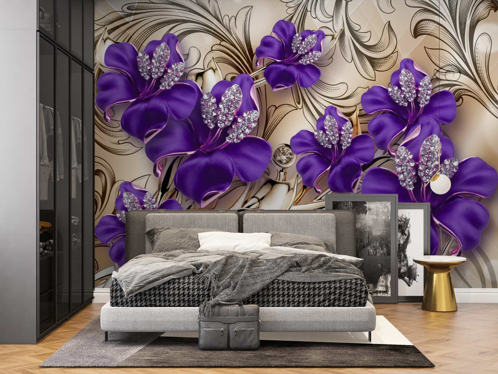 Fototapeten Edelsteine ​​und Metalle, die mit lila Blumen verziert sind