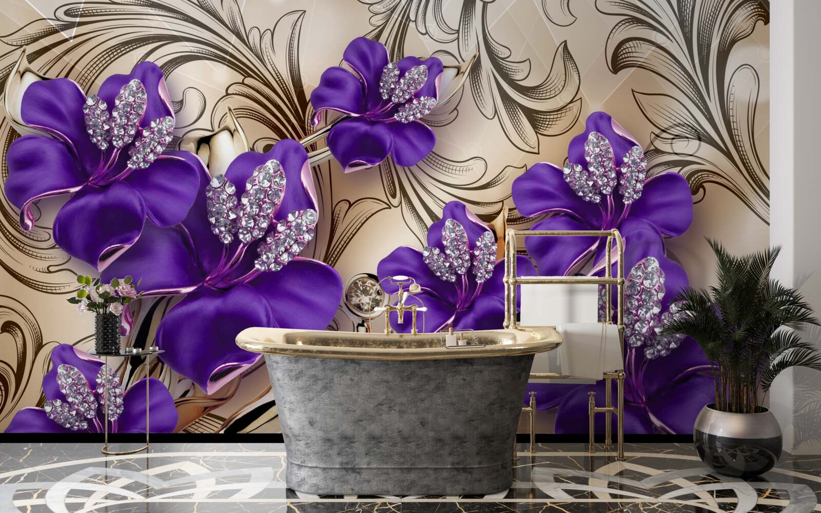 Fototapeten Edelsteine ​​und Metalle, die mit lila Blumen verziert sind
