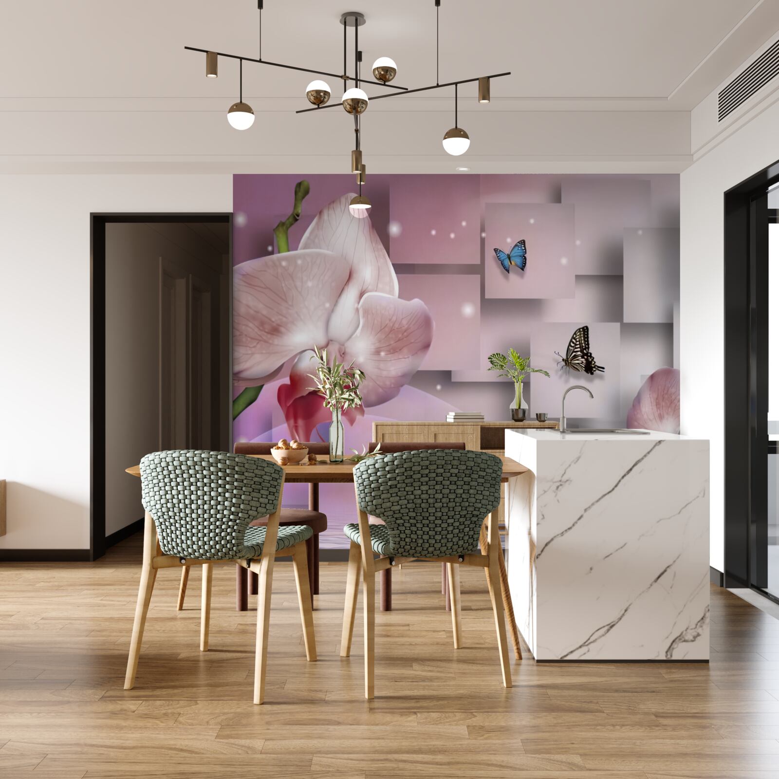 Fototapeten helle bunte Schmetterlinge und Orchideen
