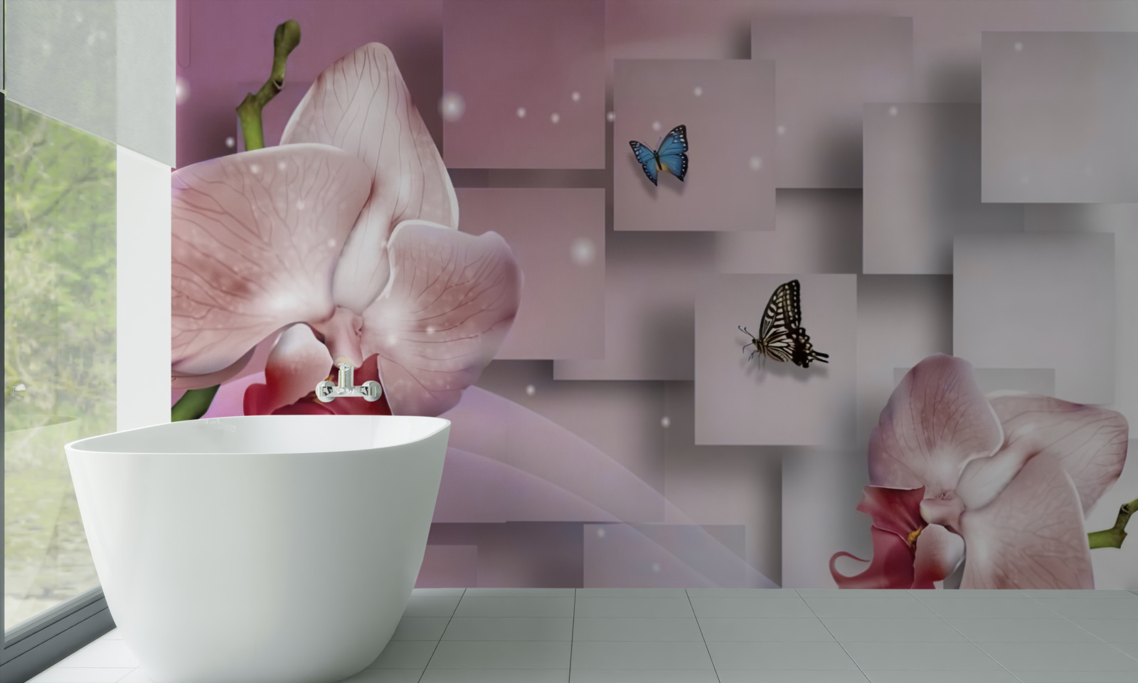 Fototapeten helle bunte Schmetterlinge und Orchideen