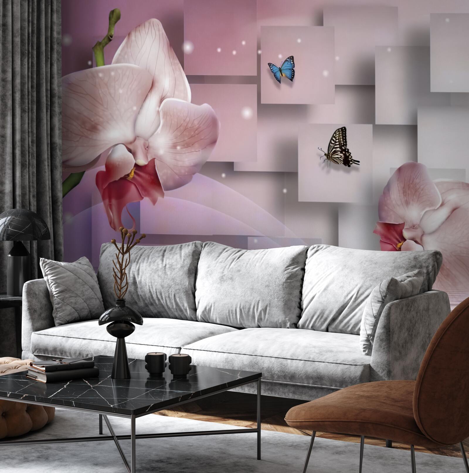Fototapeten helle bunte Schmetterlinge und Orchideen