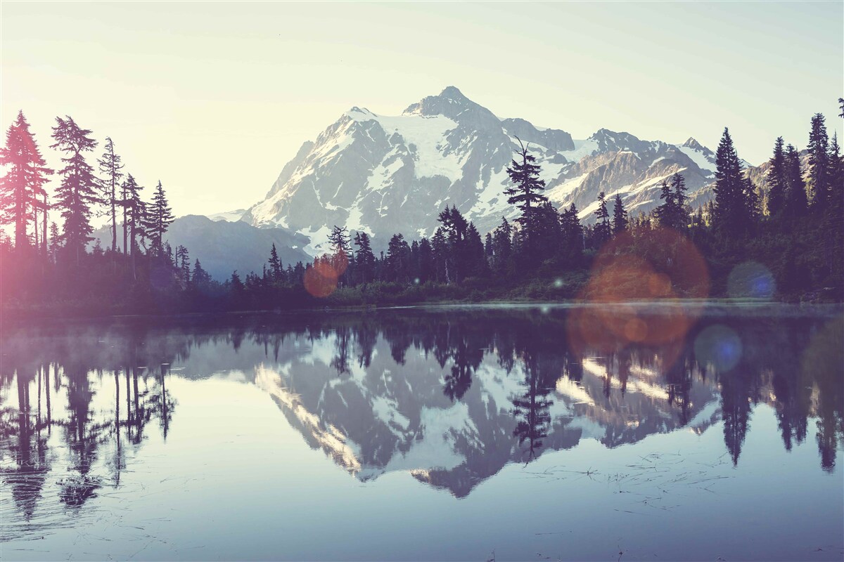 Fototapeten Eine atemberaubende Aussicht auf die Berge und Wälder, die sich in kristallklarem Wasser widerspiegeln