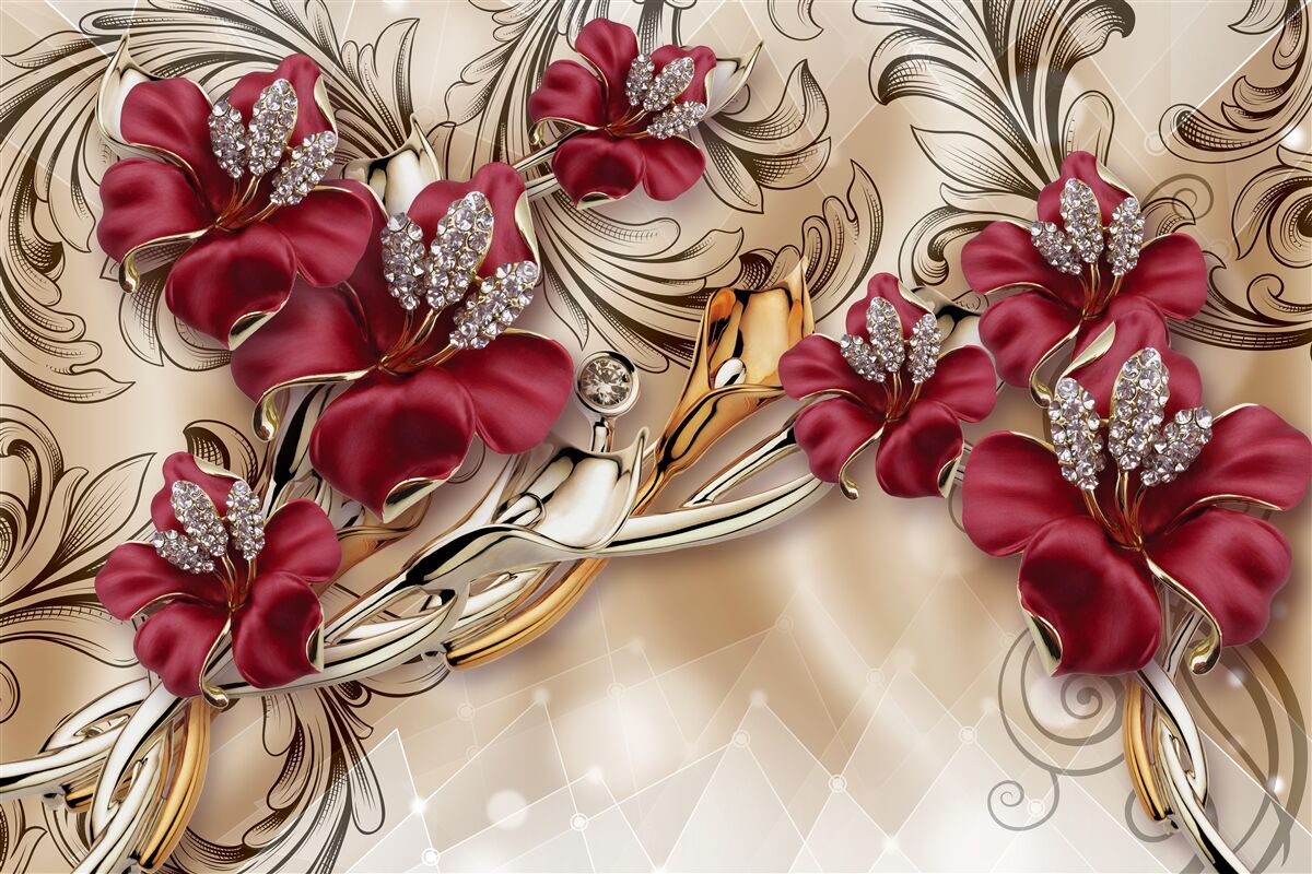 Fototapeten Rote Blumen mit Gold- und Silberelementen