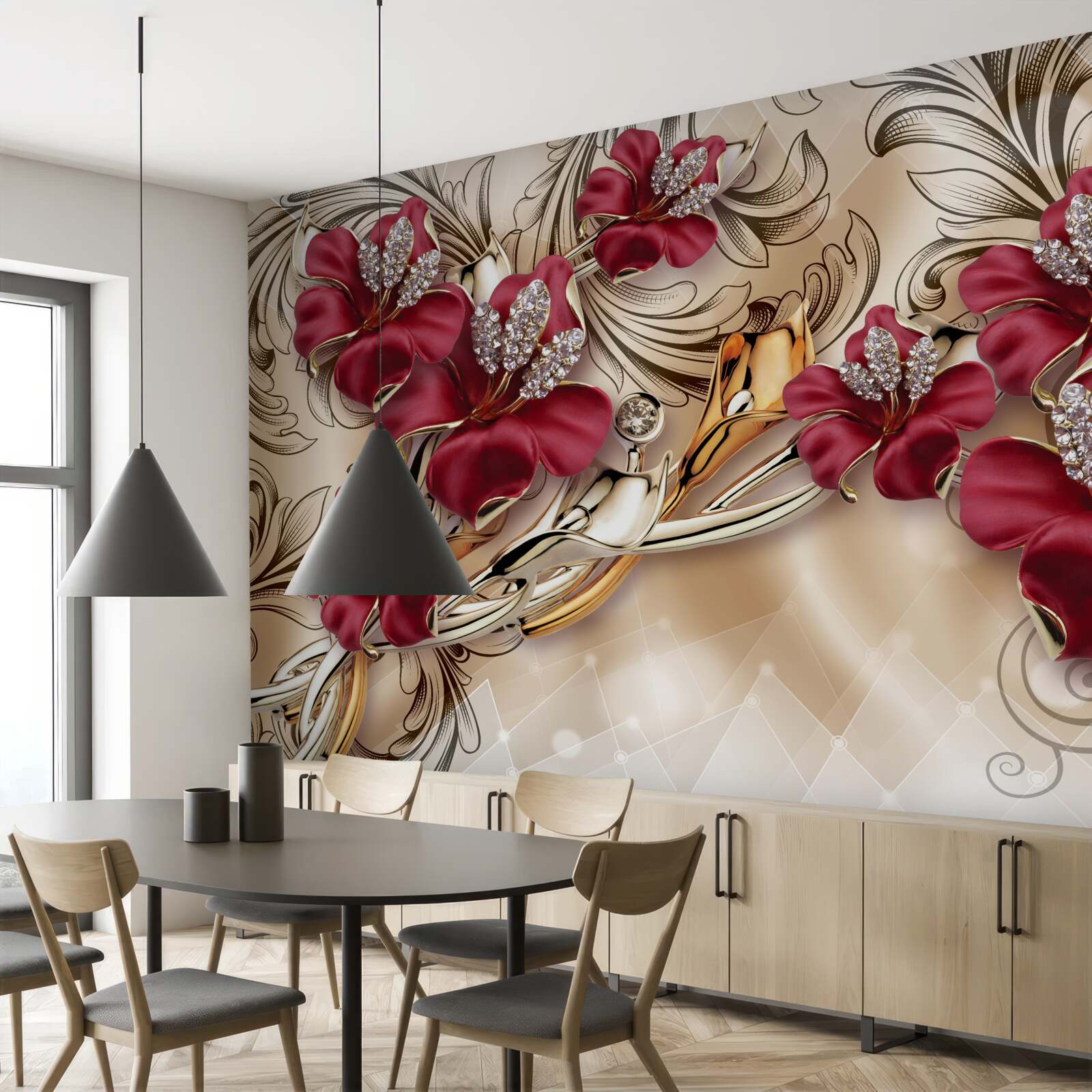 Fototapeten Rote Blumen mit Gold- und Silberelementen
