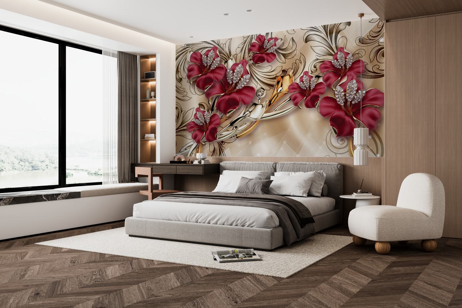 Fototapeten Rote Blumen mit Gold- und Silberelementen