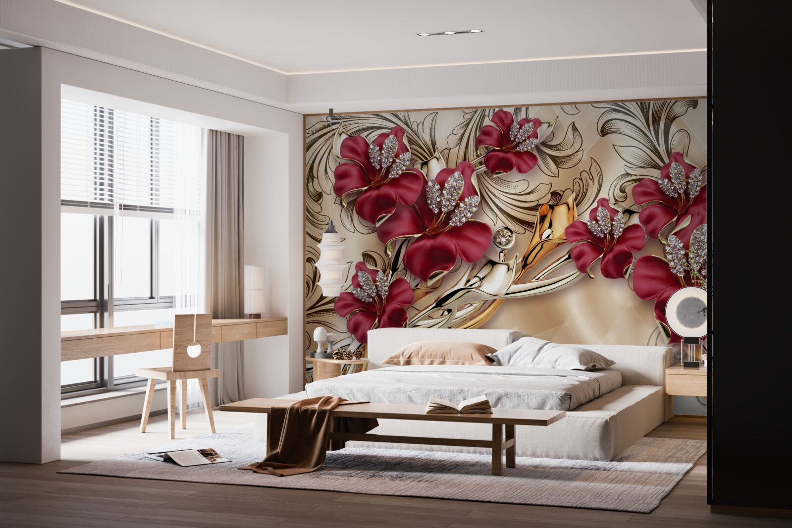 Fototapeten Rote Blumen mit Gold- und Silberelementen