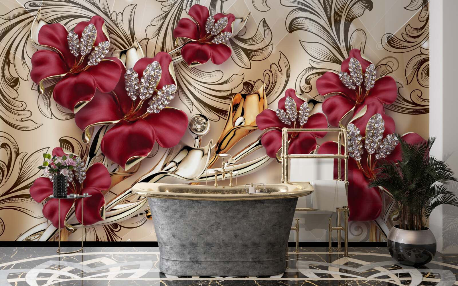 Fototapeten Rote Blumen mit Gold- und Silberelementen