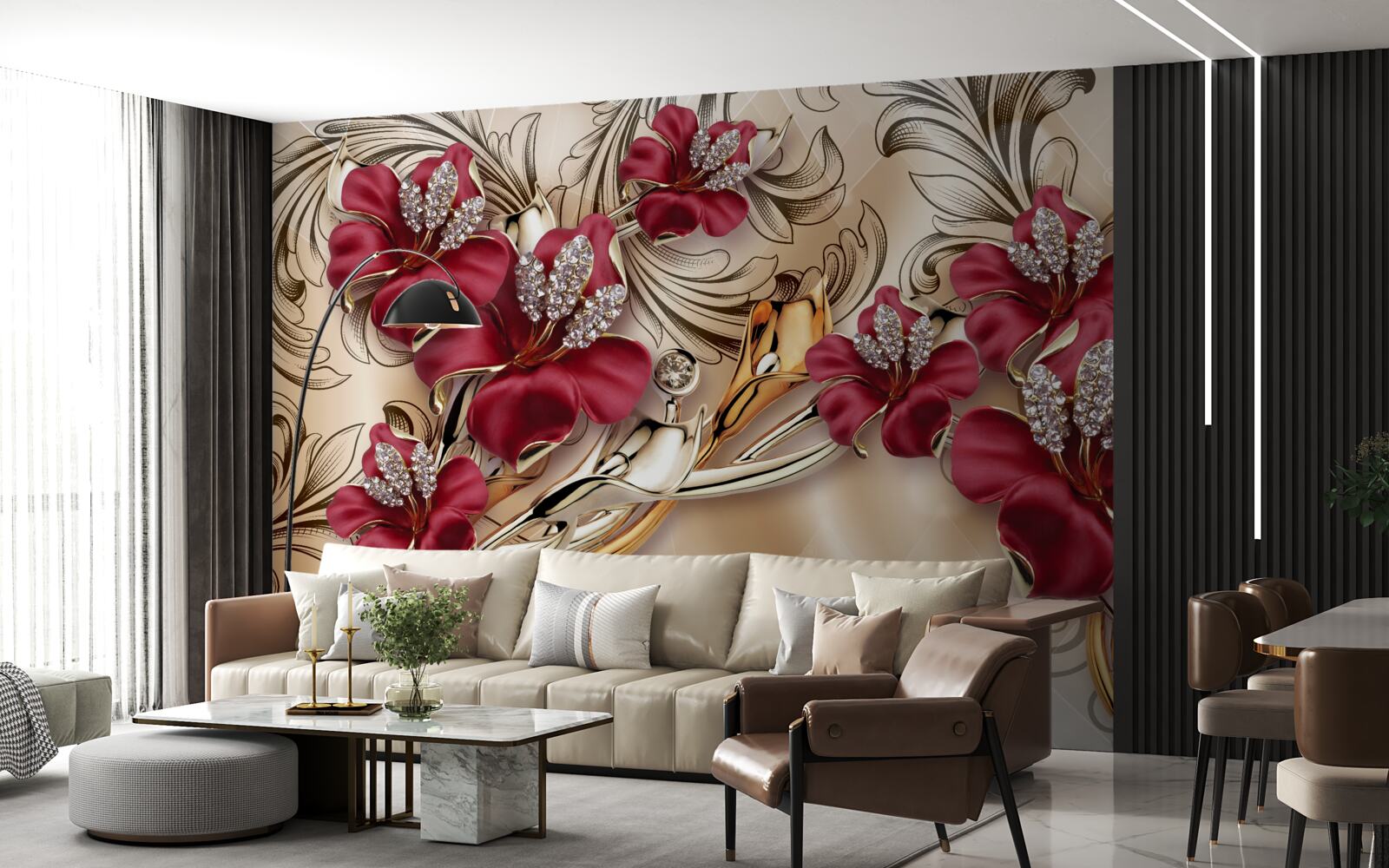 Fototapeten Rote Blumen mit Gold- und Silberelementen